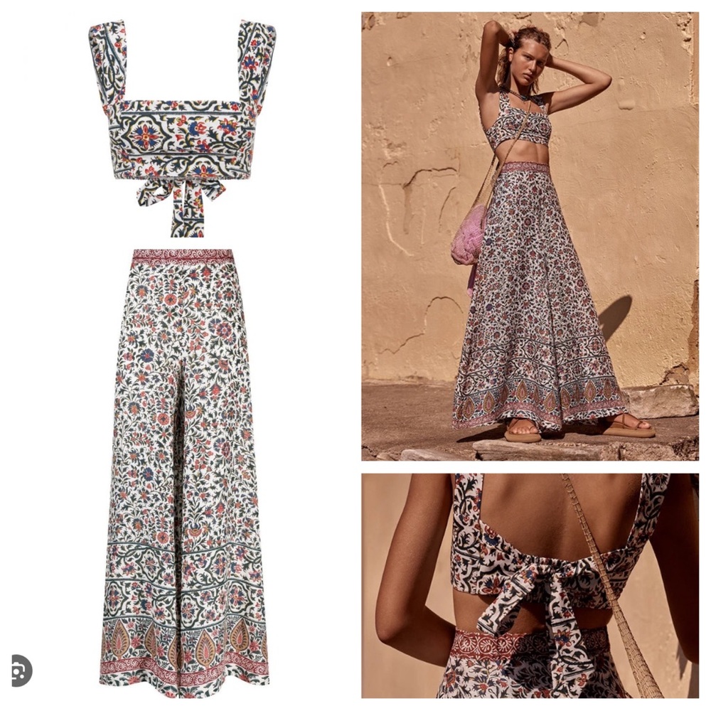 Wide Leg Two-Piece Set - Floral Print (White/Pink/Blue)